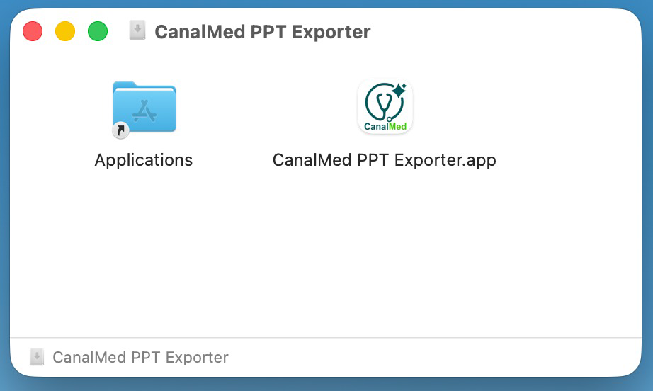 Janela do instalador com o ícone do CanalMed PPT Exporter e a pasta Aplicativos