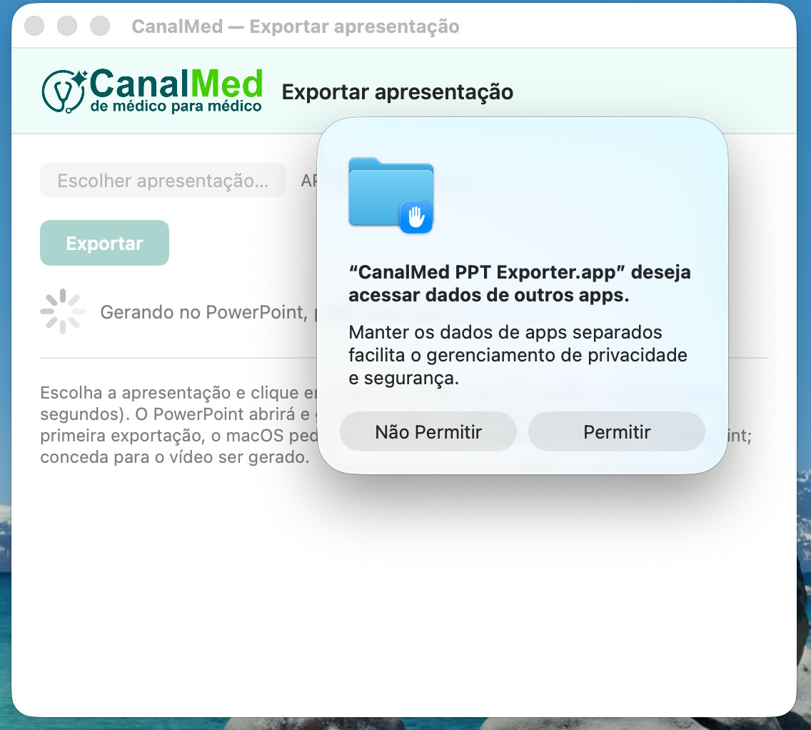 Janela do macOS pedindo permissão para o CanalMed controlar o PowerPoint