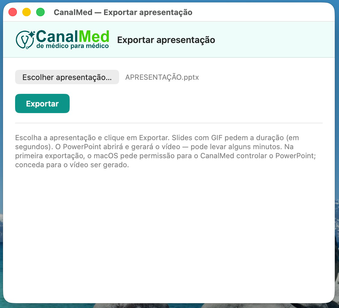 Janela do aplicativo com a apresentação já escolhida e o botão Exportar ativo