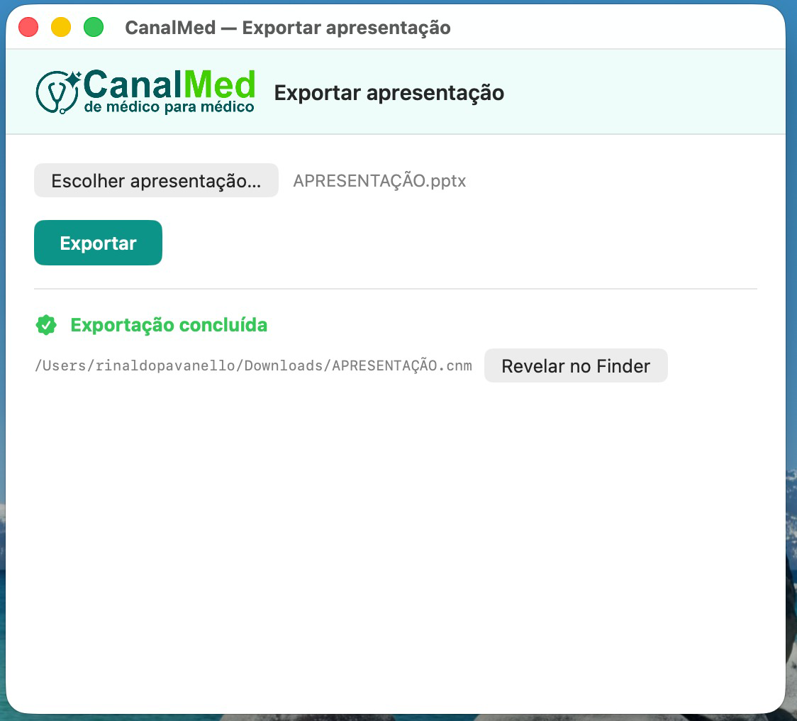 Tela de "Exportação concluída" com o botão Revelar no Finder