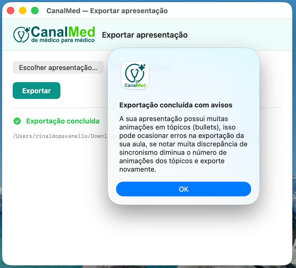 Aviso ao final da exportação informando pontos que merecem atenção