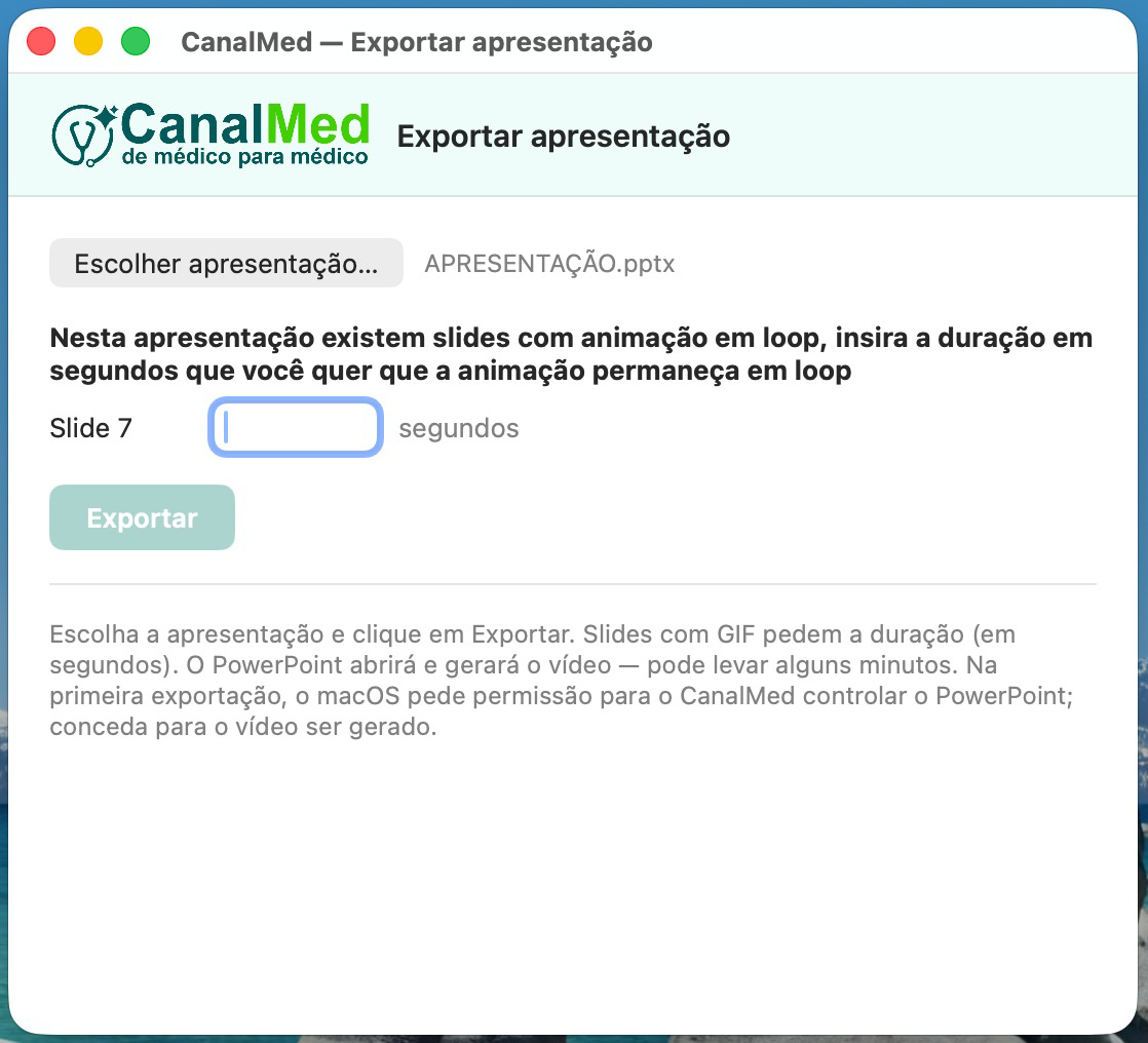Janela pedindo a duração, em segundos, da animação em loop de um slide