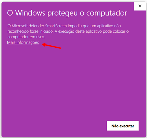 Print 1: tela inicial do SmartScreen com a mensagem "O Windows protegeu seu PC"