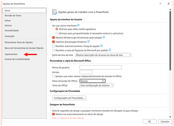 Print 12: janela "Opções do PowerPoint" com "Suplementos" selecionado