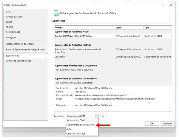Print 13: "Suplementos" mostrando CanalMed na lista